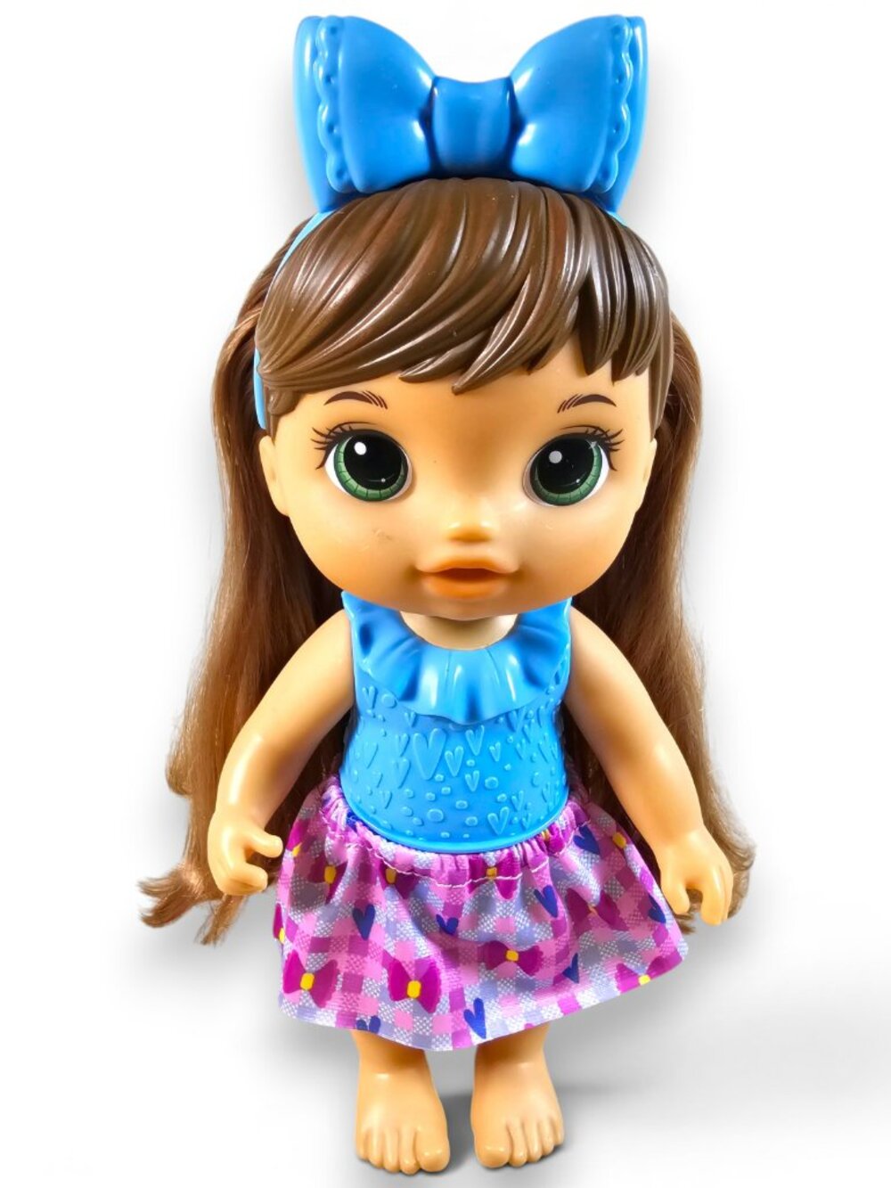 Hasbro Baby Alive Sudsy Styling Doll Brown Hair Green Eyes Bow with Skirt 11.5"